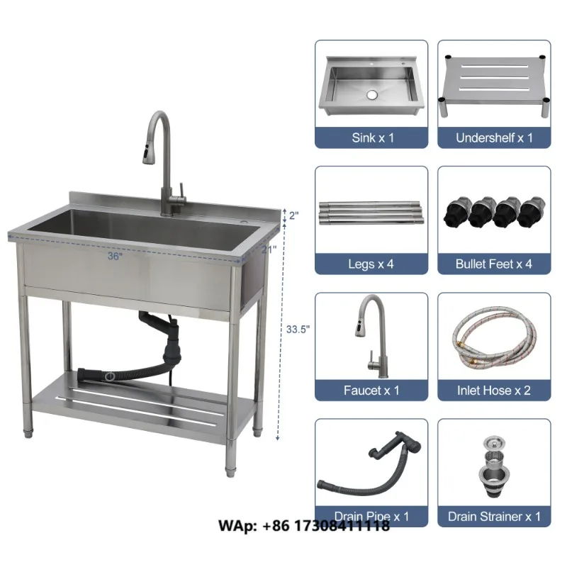 Commercial Stainless Steel Single Bowl Freestanding with Pull-Out Faucet for Laundry Indoor and Outdoor Sink Pet Cleaning