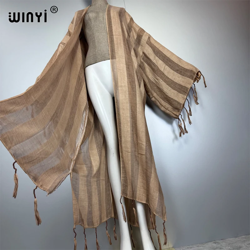 WINYI 着物風アフリカコートファッションカフタンビーチカバーアップフリンジストライプ透かしカーディガンビーチウェア女性用アバヤムスリム