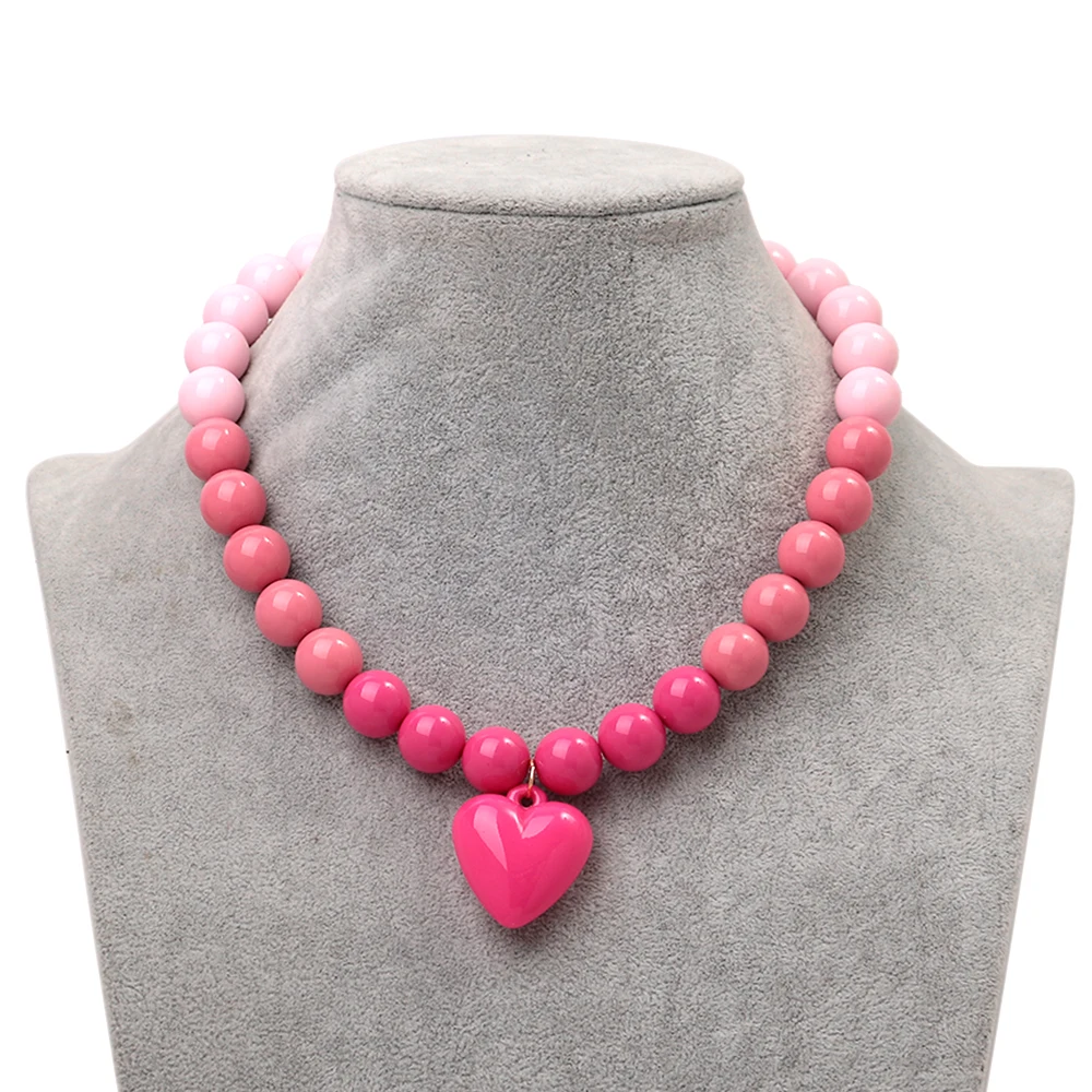 Neue bunte Acryl-Herz-Anhänger-Halskette für Frauen, Sommer, trendige handgefertigte runde Perlen, Y2K-Choker, Statement-Schmuck, Geschenk – Detail 8