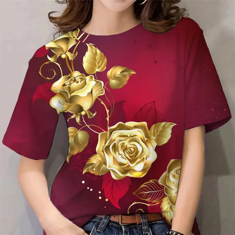 Novo design de luxo camiseta feminina senhoras 3d floral impressão harajuku y2k roupas femininas diário casual moda manga curta camisetas