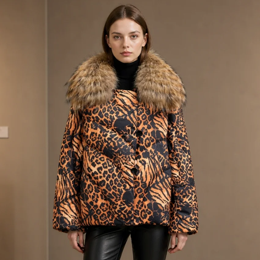 JANEFUR Women Cropped Puffer Jacket Real Raccoon Fur Collar Leopard Print Bubble Coat Winter Warm Thick Short Down Outerwear