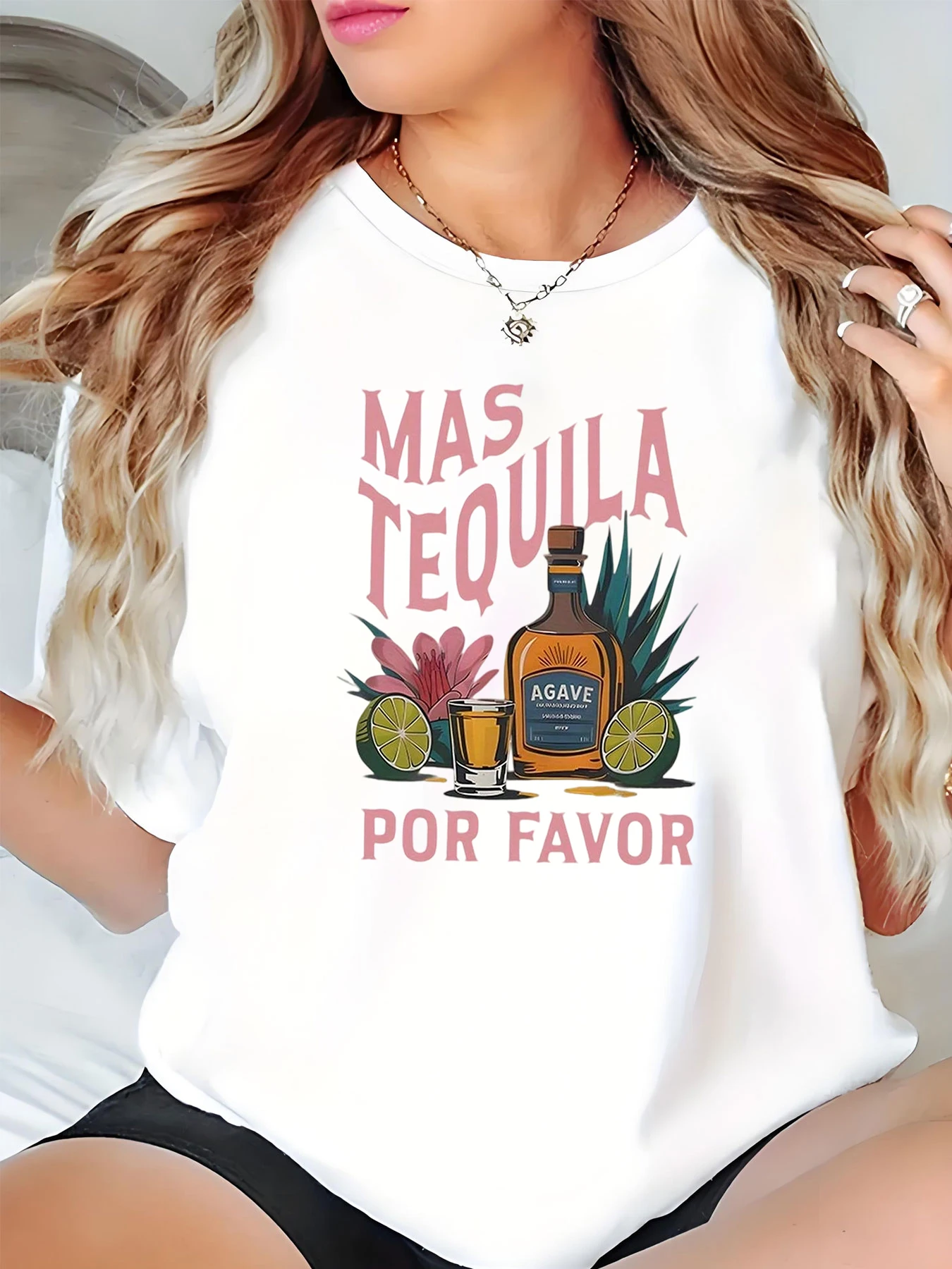 

Tequila Festival Print Loose Fit Casual White T-Shirt with Agave Design for Women, Everyday Wear