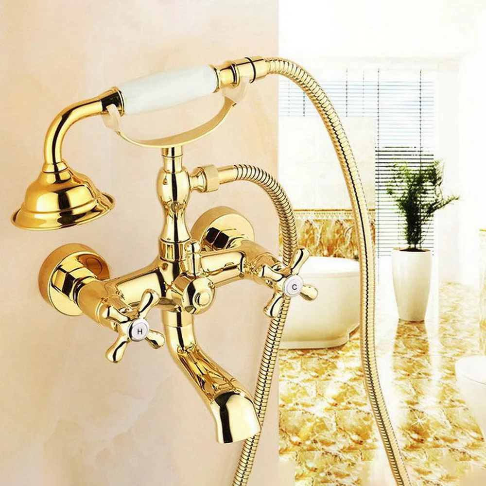 Ouro Latão Banheira Torneiras Estilo Telefone Banheira Torneiras Misturadoras Dupla Alça Banheiro Torneira do Chuveiro com Handshower Ztf123 Cor do