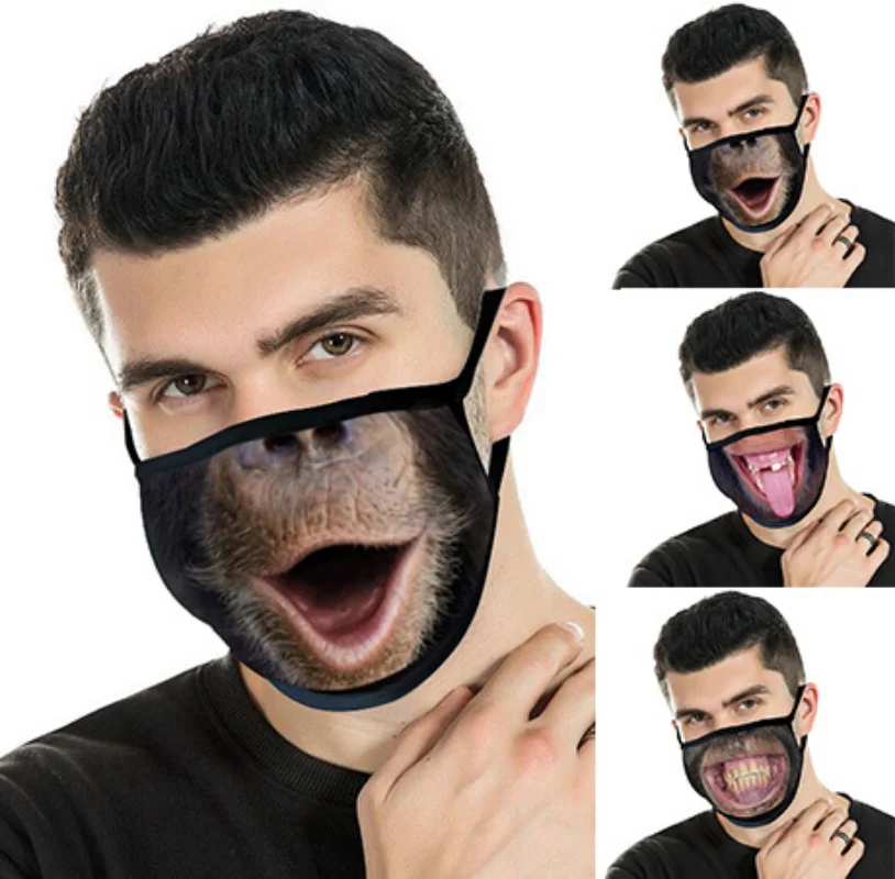 Reusable Able Adult Funy 3D Print Black Mouth Mask Bresthable Dust-Proof Cotton Face Mask Washable Adjustable Unisex Masks