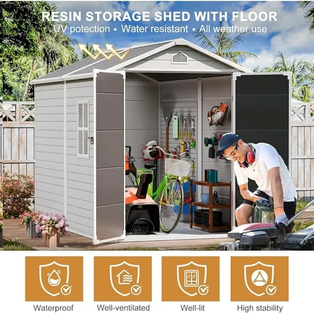 Outdoor Resin Storage Shed 8x6 FT, Waterproof with Floor Window Lockable Door Included, Plastic Sheds for Garden Tools, Gray