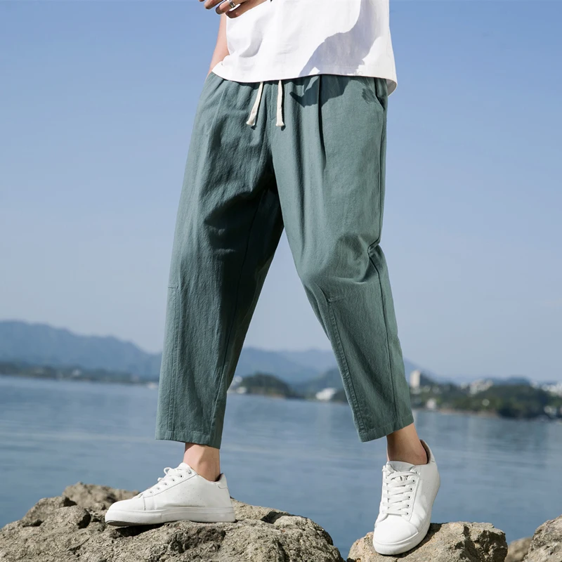 

Летние повседневные мужские брюки из хлопка и льна, свободного кроя, больших размеров, в корейском стиле, модные молодежные прямые брюки-чинос