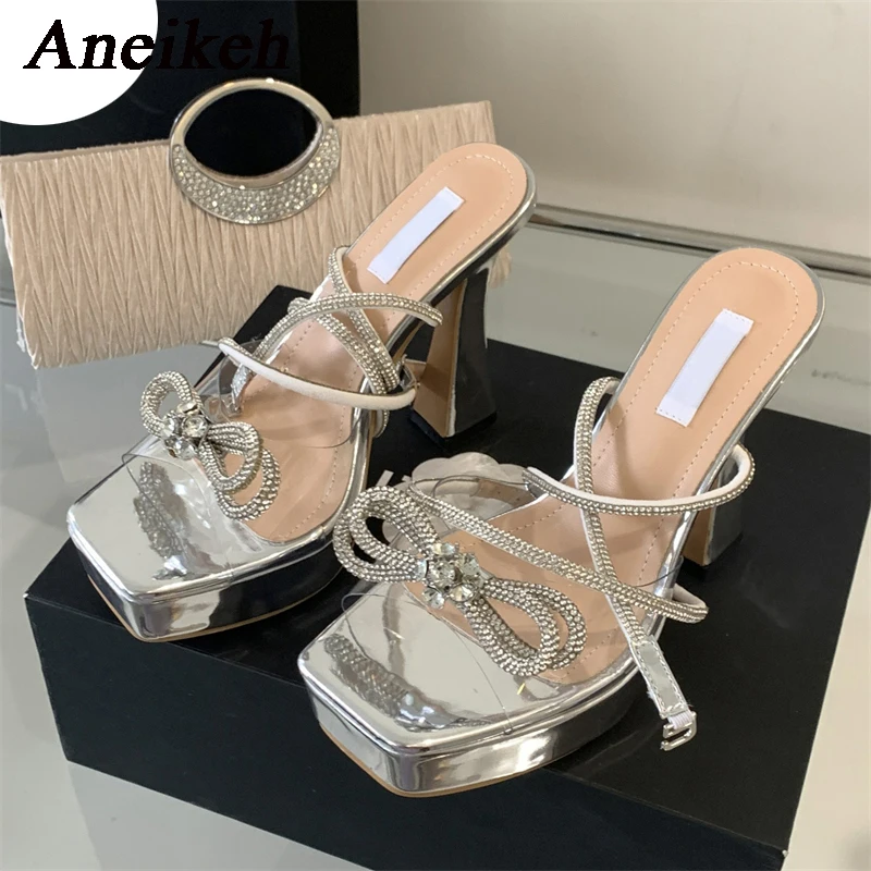 Aneikeh Shiny Crystal Butterfly-knot Buckle Strap Women Sandals Fashion Sexy Square Toe Platform Super High Heels Party Wedding