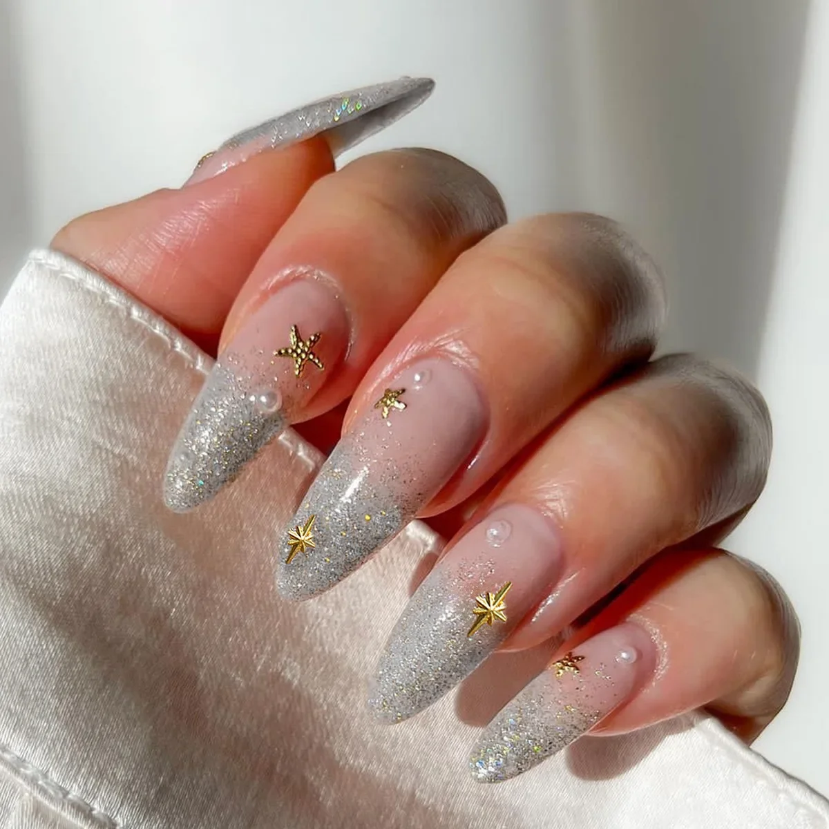 

Starfish Eye Press on Nails 100% Handmade Reflective Silver French Tip Flash Cateye Long Stiletto Almond Acrylic Tips