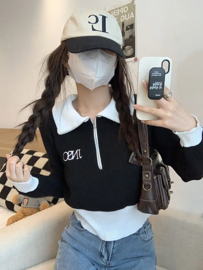 Short Style Woman Sweater Zipper Autumn Winter Fashion Long Sleeve Women'S Loose Korean Style Lapel 2023 New