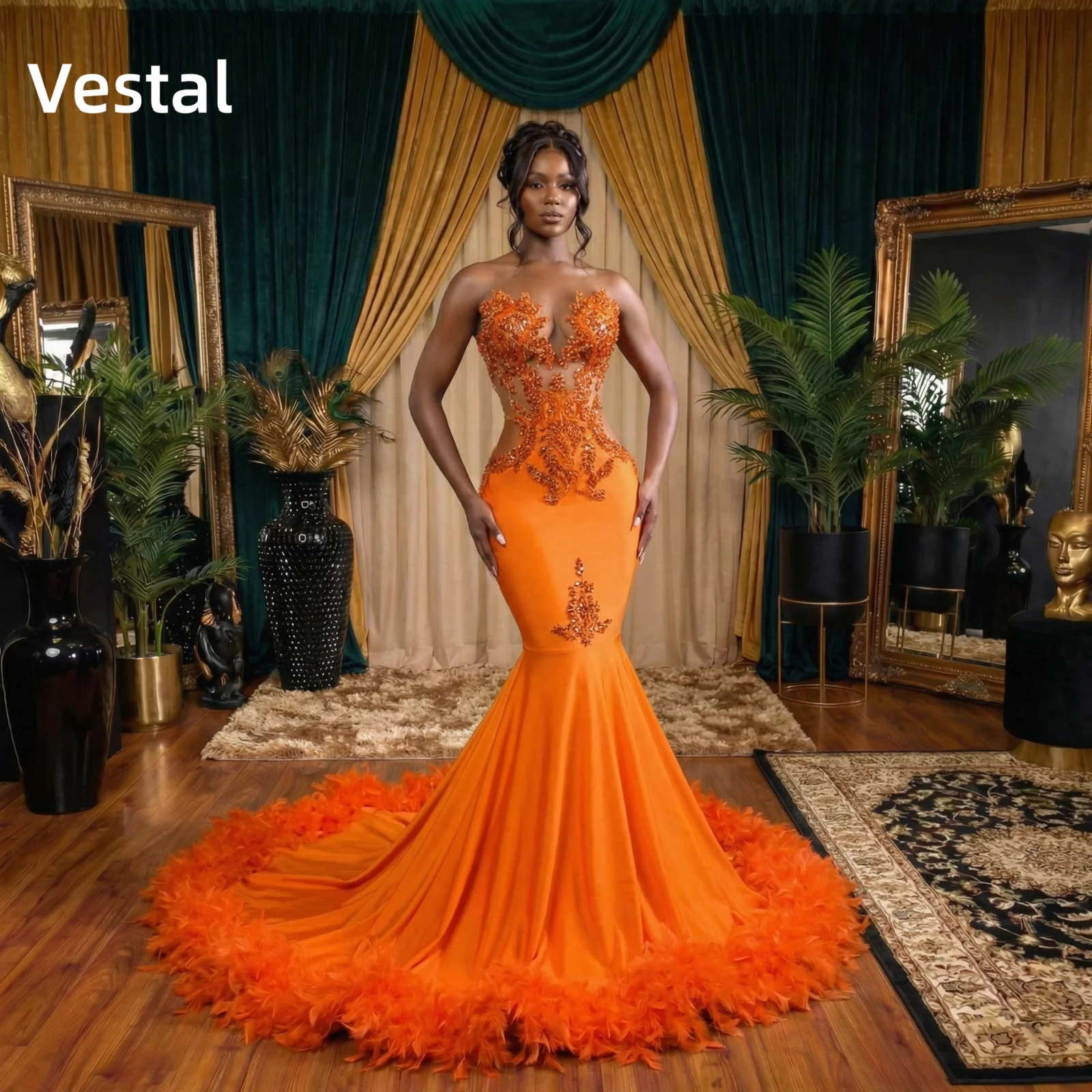 

Sophisticated Orange Rhinestone Appliques Feather Trim Prom Dress Mermaid Floor Evening Formal Gown Customized
