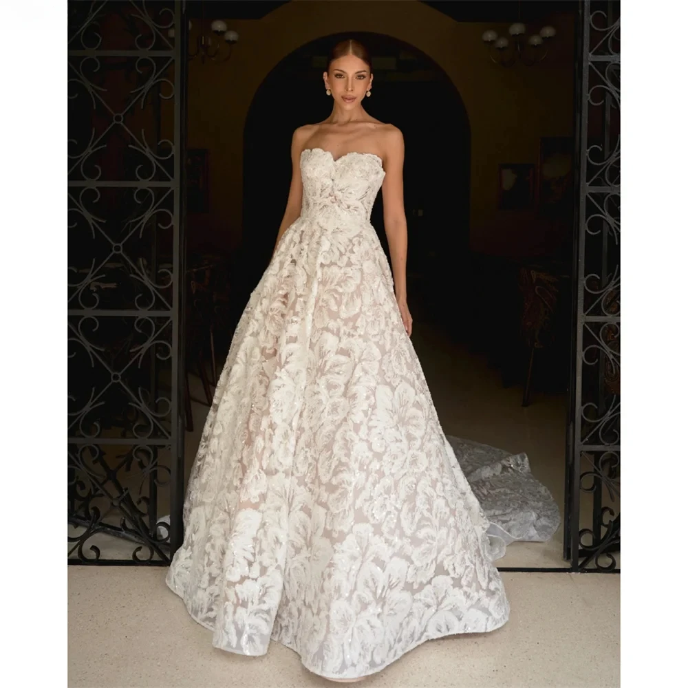 

Elegant Ivory Flower Lace Strapless Wedding Dresses Glitter Sweetheart Neck Vestidos De Novia A-Line Bridal Gowns Long Train