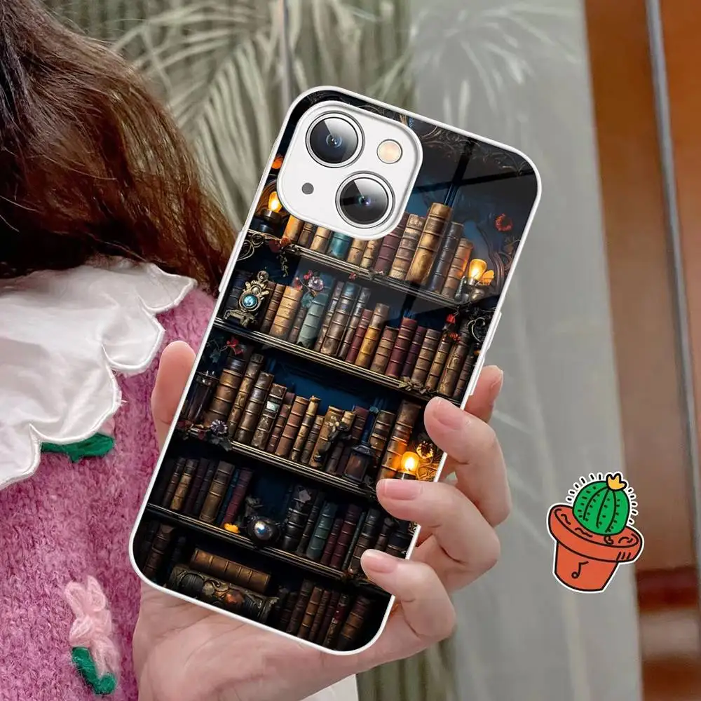 Étagère à livres en verre trempé à motif créatif, pour Iphone 14 13 12 11 Pro Mini XS MAX 14Plus X XS XR Fundas