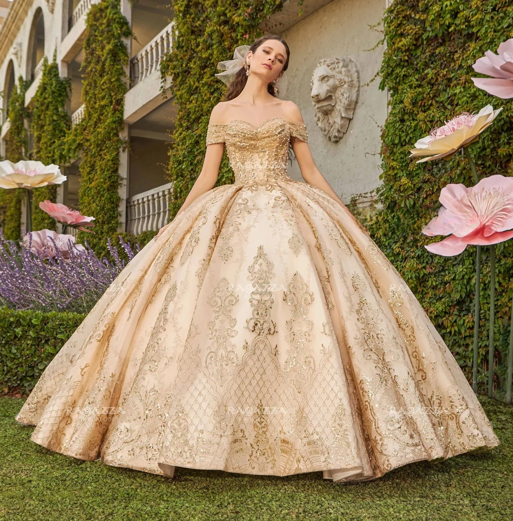 Champagne Charro Quinceanera Dresses Ball Gown Off The Shoulder Lace Puffy Mexican Sweet 16 Dresses 15 Anos Customized