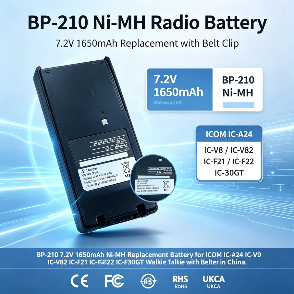BP-210 7.2V 1650mAh Ni-MH Replacement Battery for ICOM IC-A24 IC-V8 IC-V82 IC-F21 IC-F22 IC-F30GT Walkie Talkie with Belt Clip