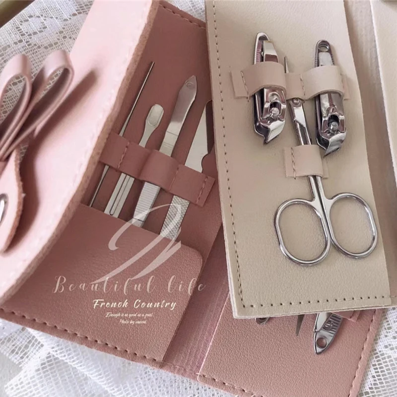 Portable Nail Clipper Set Bow Leather Storage Bag Ear Digging Spoon Household  Girl's Cute Trimming Oblique Clamp Manicure Tool