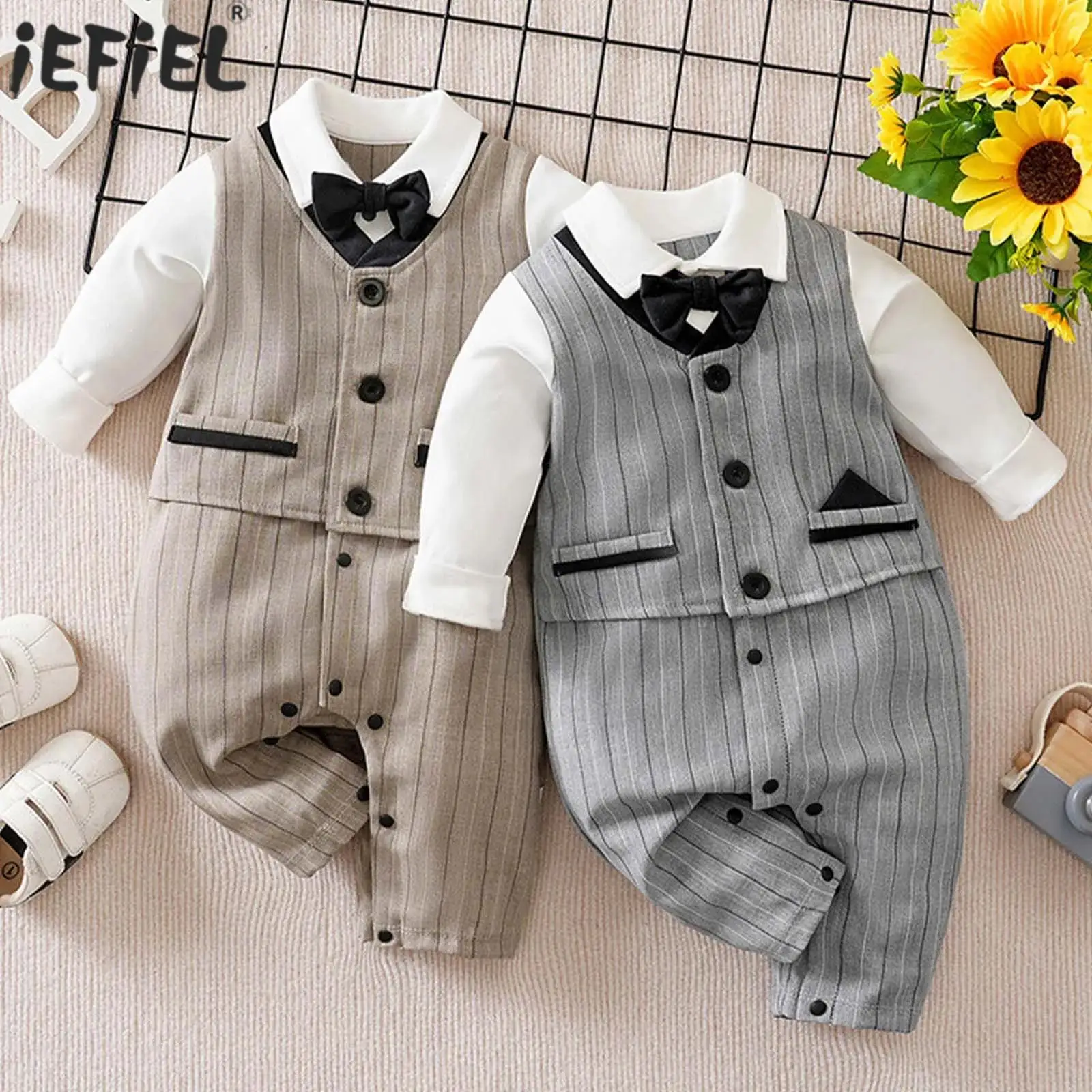 

Newborn Baby Boys Gentleman Rompers Long Sleeve Bowtie Striped Suit Jumpsuit Formal Outfit for Baptism Wedding Birthday Party