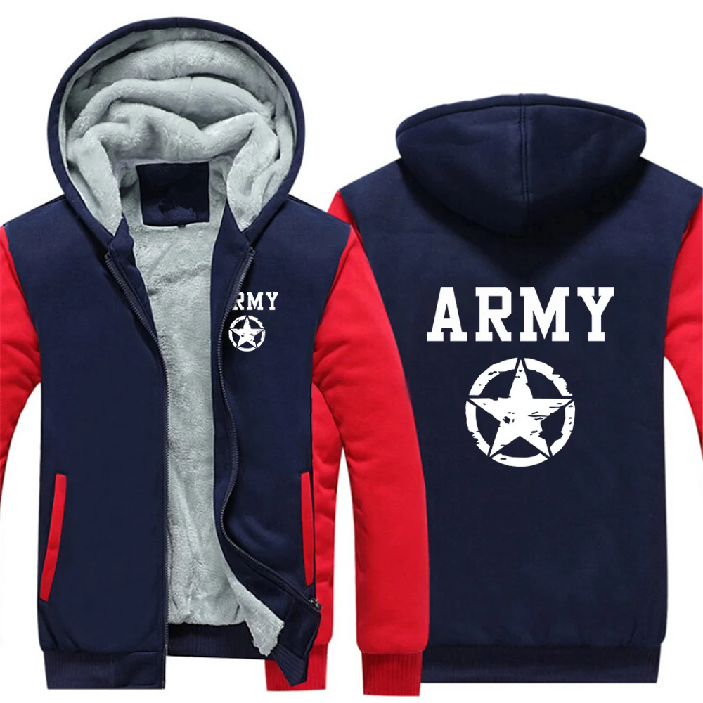 ARMY And Five Pointed Star Men's Jacket Thicken Winter Jackets for Men Fleece Long Sleeve Coat Man Casual Hoodies Streetwear