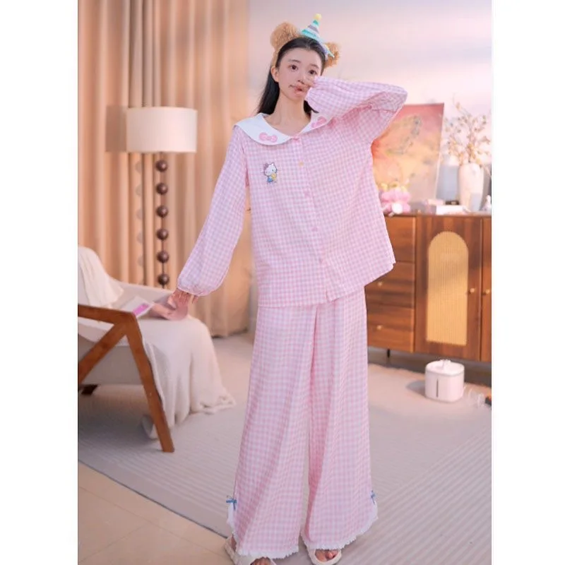 

Sanrio Hello Kitty, пижамы для молодых девушек, кавайный мультяшный студенческий осенний комплект для отдыха с длинными рукавами и длинными штанами, хлопковый комплект домашней одежды с облаком