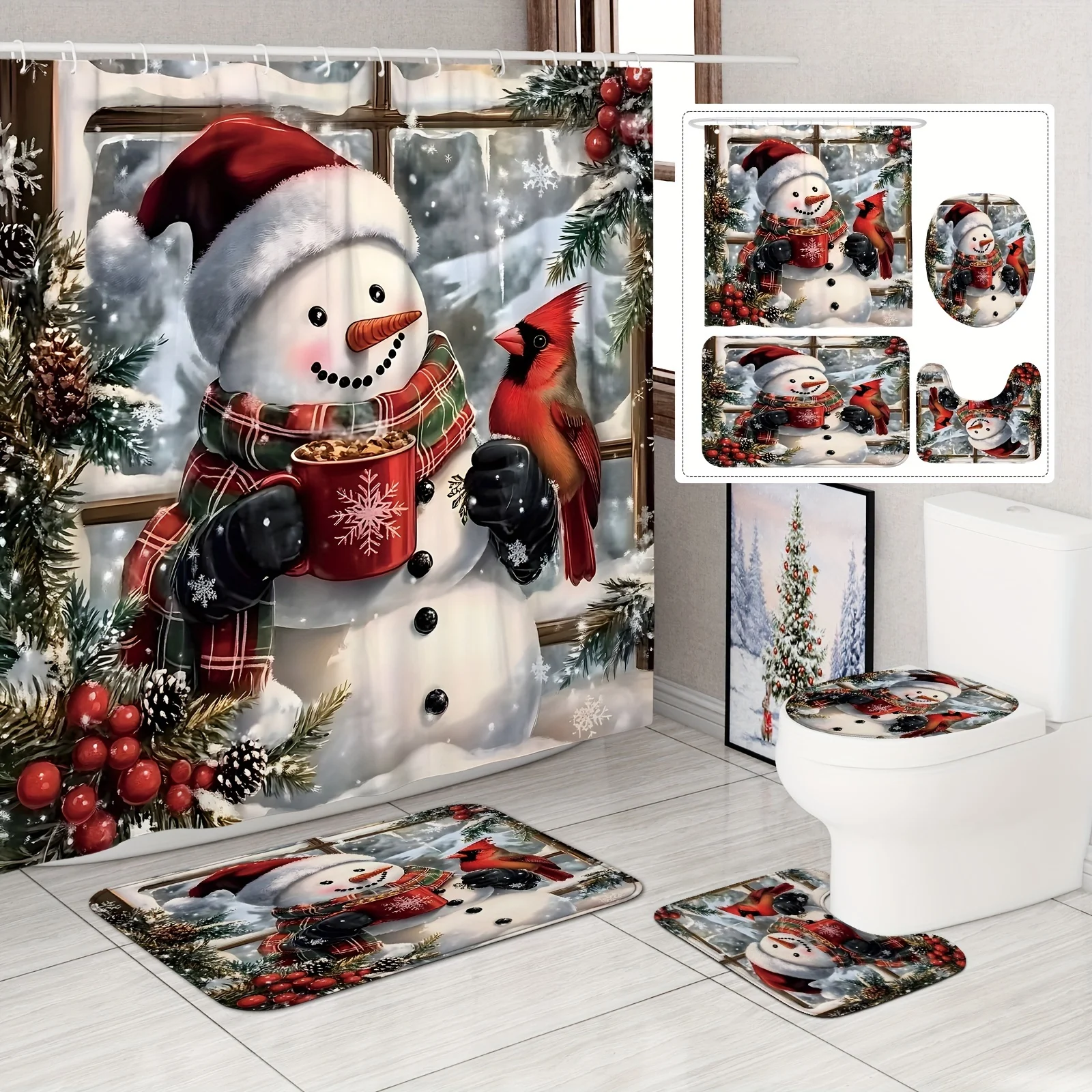 4Pcs Xmas Winter Snowman Cardinal Holly Bath Set, Red Green Shower Curtain & Mat, 12 Hooks, Non-Slip Mat, U-Shaped Toilet Cover
