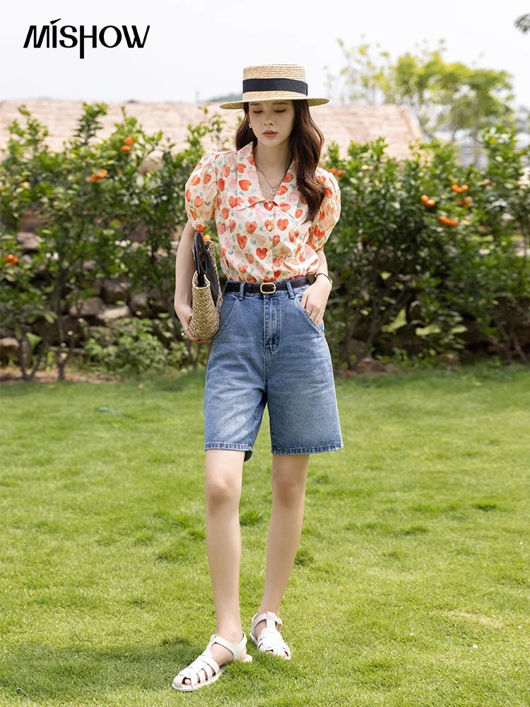 MISHOW Korean Chic Fashion Women Stylish Blouses Summer French Sweet Retro Floral Polo-neck Puff Sleeves Tops MXB27C0450