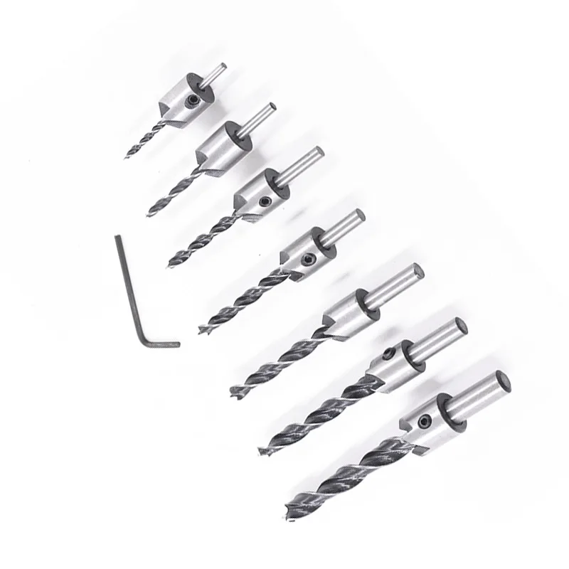 4/7PCS 3/4/5/6/7/8/10mm Three Pointed Woodworking Head Drill Bit Reaming Drill Bit Guide High-Speed Steel Drill Bit+1PCS Brill