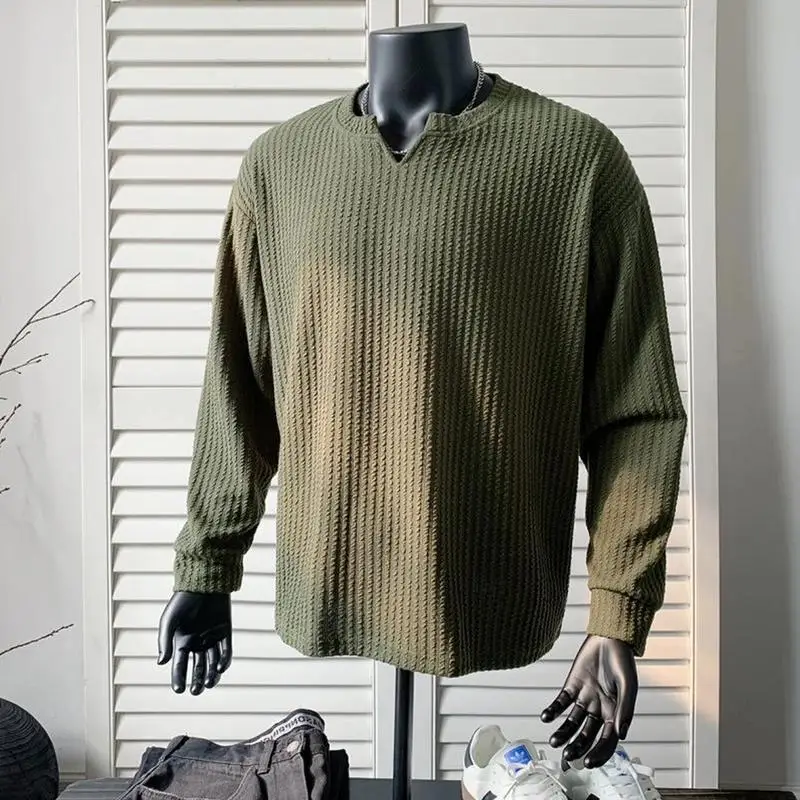 

Весенние футболки в полоску с v-образным вырезом, мужские однотонные жаккардовые футболки с v-образным вырезом, толстовки, свободный пуловер с нижней частью Cleanfit