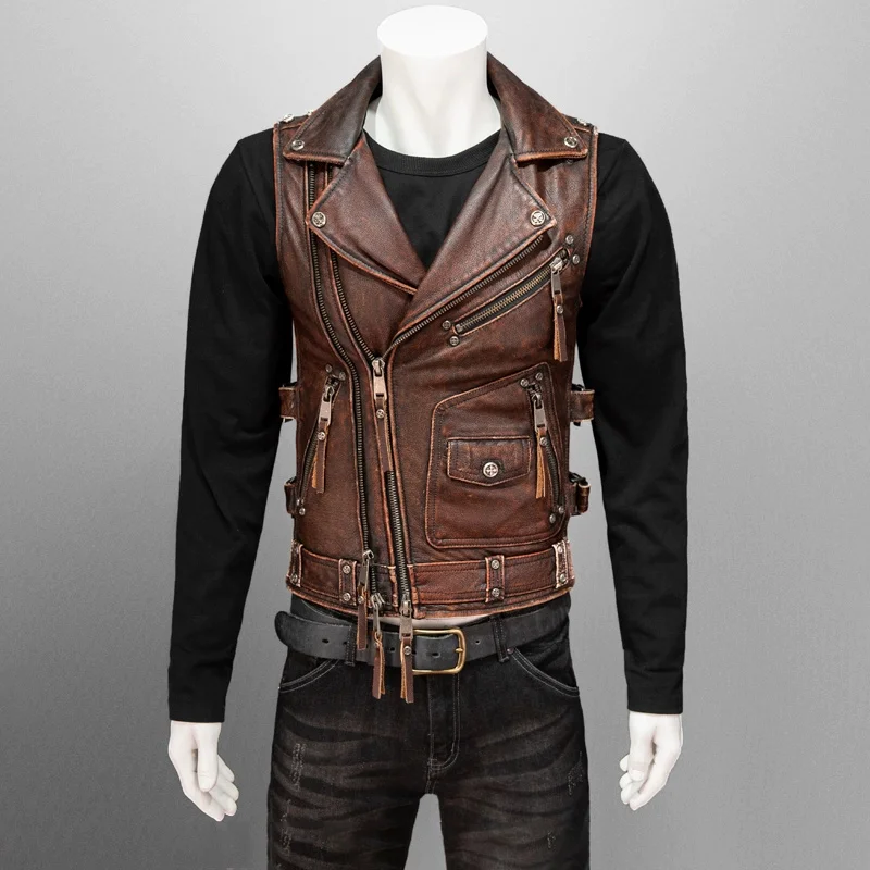 Red Brown Spring Leather Vest Men Vintage Punk Style Plus Size 5XL Natural Cowhide Slim Fit Short Genuine Leather Vest