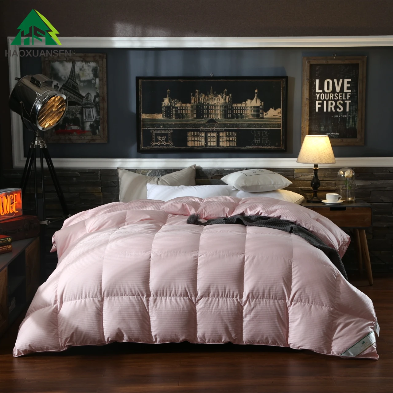 

Filling Power 800 Goose Down Quilt Satin Cotton Dobby Pink Fabric Warm Winter Duvet Comforter Classic Stripe Design Bedroom