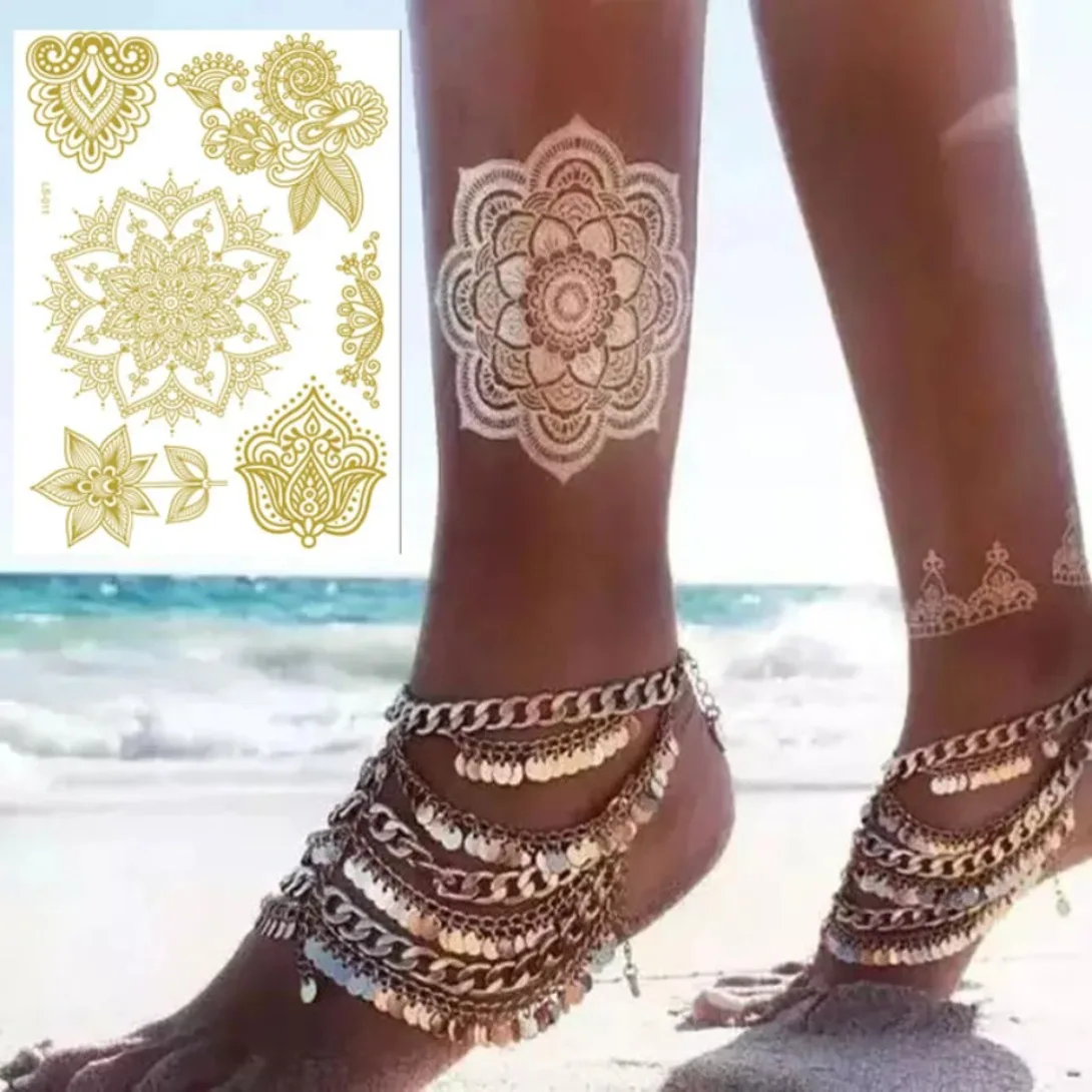 1P Fake Tattoo Sticker Metallic Foil Rose Gold Temporary Tattoo Sticker Art Lace Bridal Mandala Water Transfer Tattoo Sticker