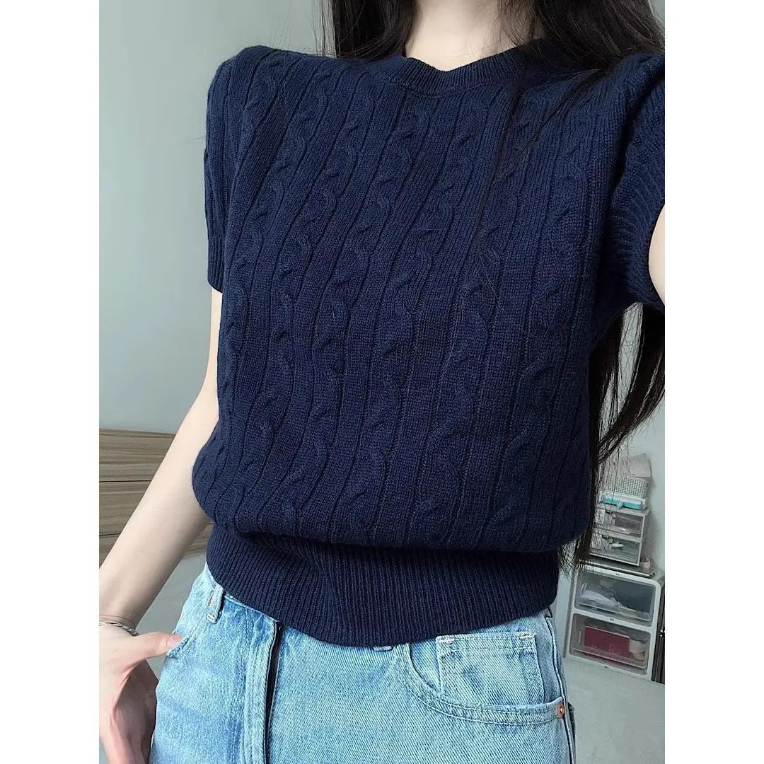 

Summer 2025 New Korean Style Retro Twisted Short Sleeve round Neck Knitted T-Shirt Women Casual Versatile Base Shirt Top