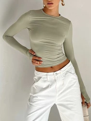T-shirt à manches longues et col rond pour femme, haut court, coupe couvertes, trous pour les pouces, monochromatique, mode estivale, 03/Streetwear