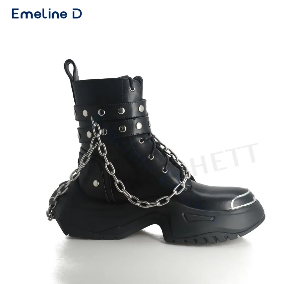 Metal Chain Rivet Decoration Boots Black Belt Buckle Round Toe Thick Bottom Lace-Up Boots Casual Personality Designer Men's Boot