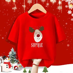 Personalised Kid Christmas Red Shirt Deer Name Child Short Sleeve Clothes T-shirt Sibling Matching Xmas Outfit Kids Tee Tops