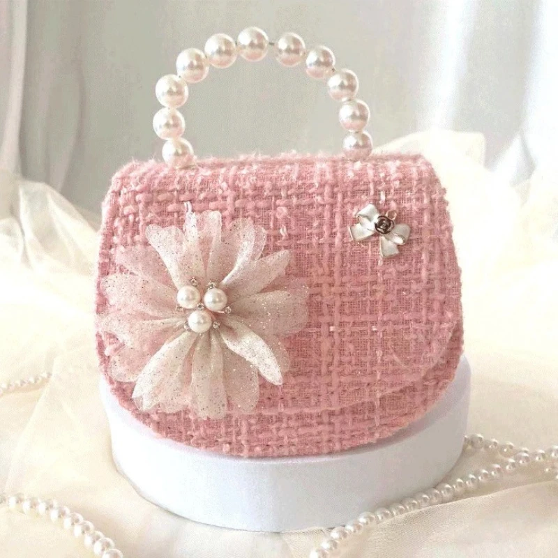 

Милые сумки принцессы с клапаном для девочек, милая детская сумка с жемчужной ручкой сверху, кошелек для монет, портативный детский клатч через плечо с цепочкой