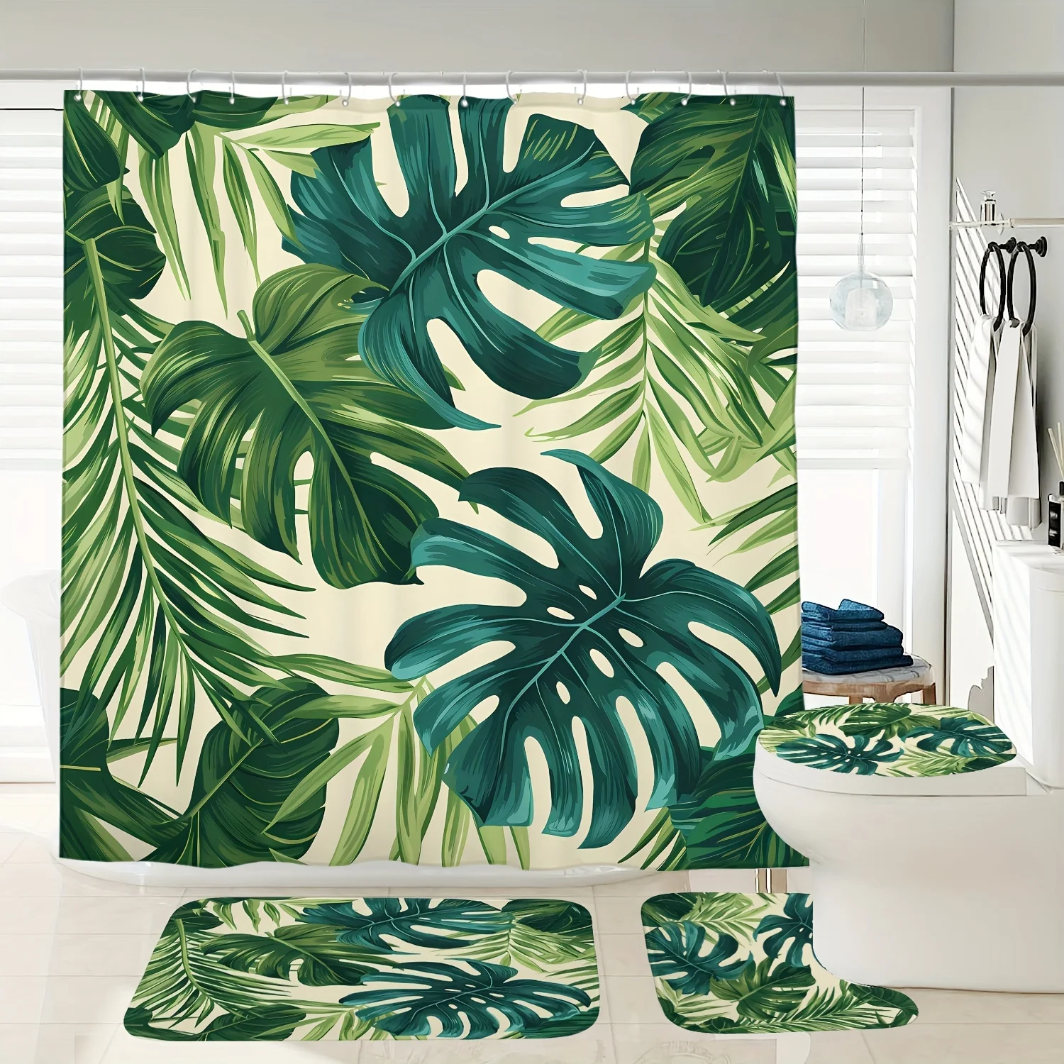 

4 шт. модная зеленая листья с растительным принтом для ванной комнаты-водонепроницаемая занавеска для душа + нескользящий коврик для пола + комбинация коврика для унитаза