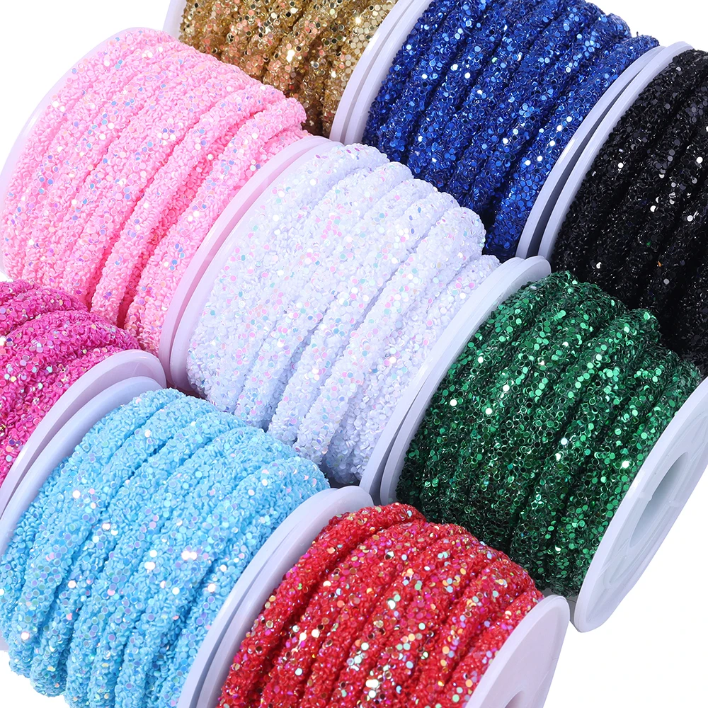 5Yards 6mm Glitter Rhinestones Sequins Round Tube Cord PVC Soft Tube Rope Trim For DIY Headwear Clothing Shoes Bag Decoration