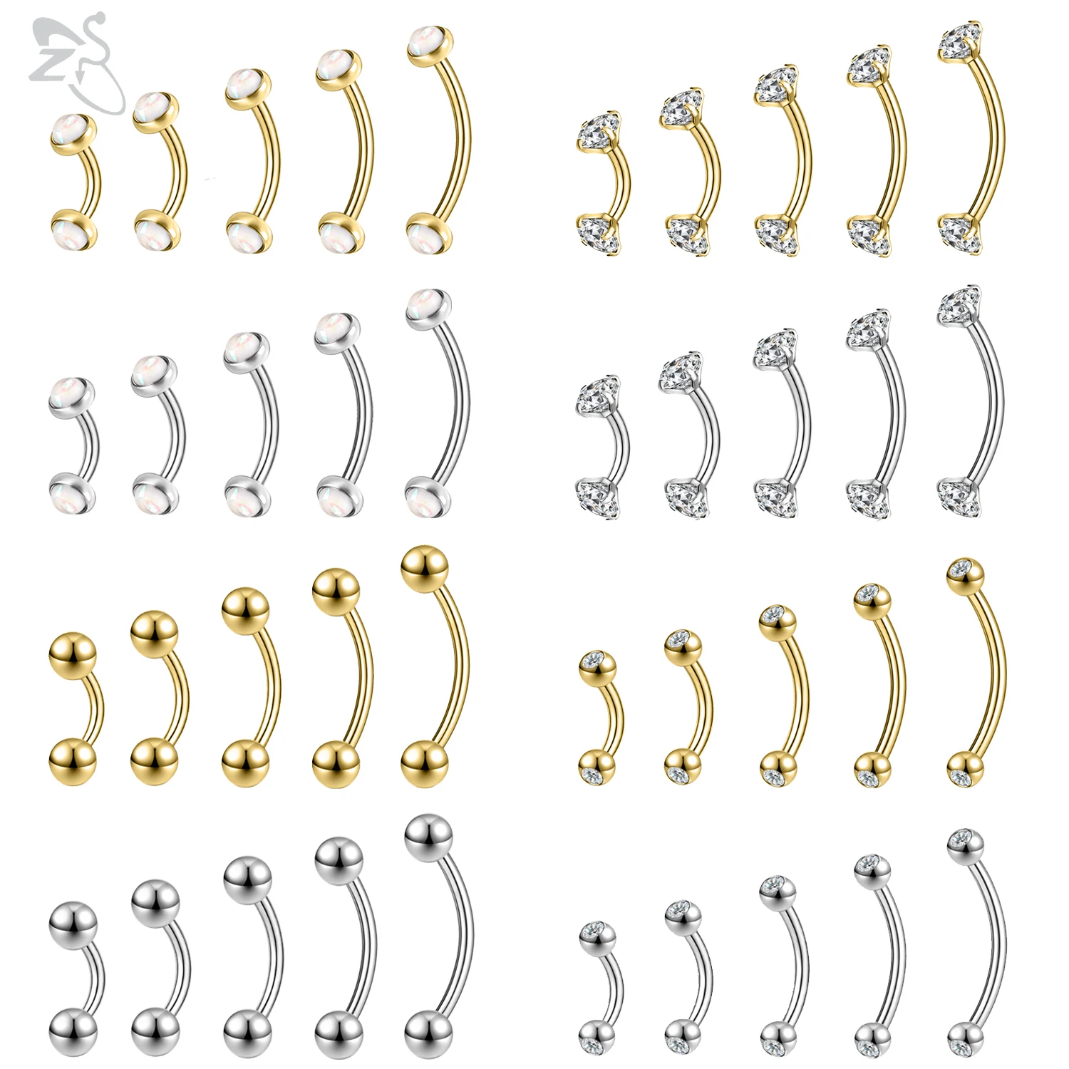 ZS 3-4pcs/Lot 14G Opal Curved Barbell Eyebrow Rings Internal Thread Eyebrow Stud Rook Daith Piercing Gold Color Lip Piercings