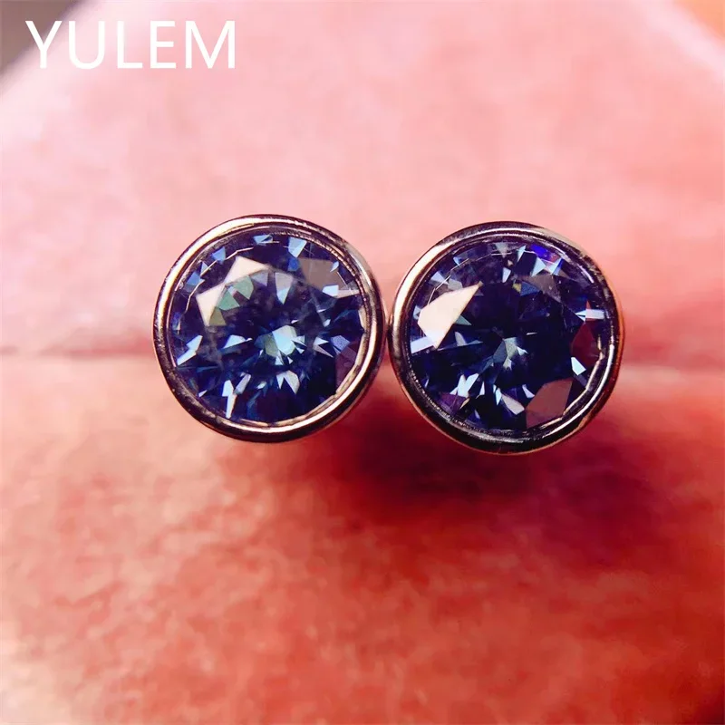 YULEM 2023 New Blue Moissanite Stud Earrings for Women Jewelry Real 925 Silver Gold Plated Shiny Gemstone Party Gift
