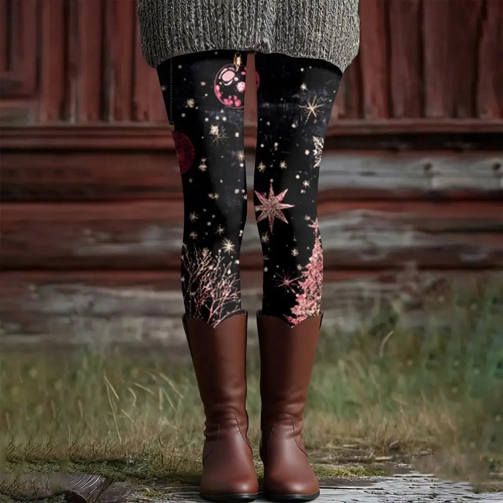 

Women's Christmas red and green printed leggings, made of a polyester and spandex blend fabric, perfect for autumn and winter.