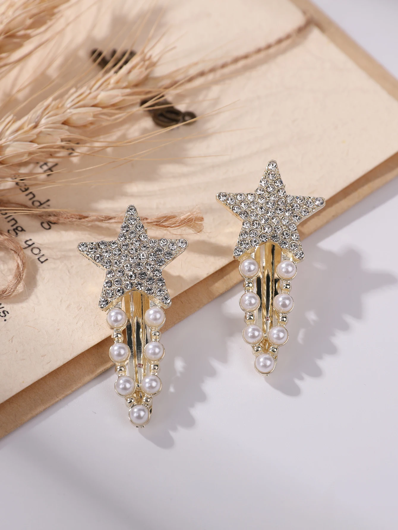 Pearl duckbill clip sparkling five-pointed star full rhinestone hairpin bangs clip Korean sweet girl rhinestone hair accessories