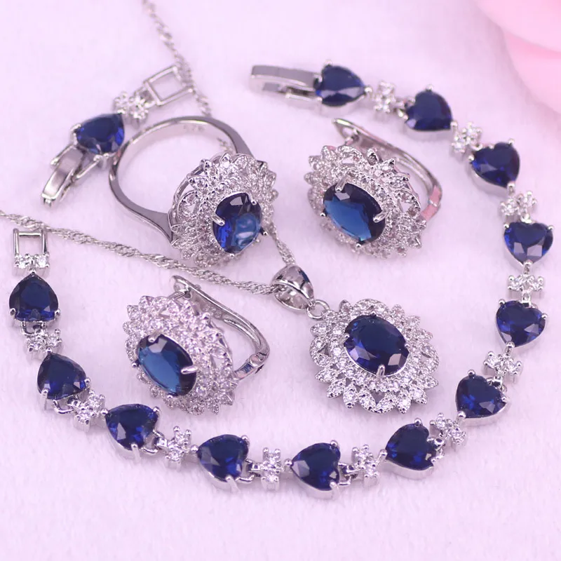 Factory Directly Sales Blue Stone Silver Color Costume Hoop Earrings Ring Necklace With Bracelet Set Bridal Jewelry