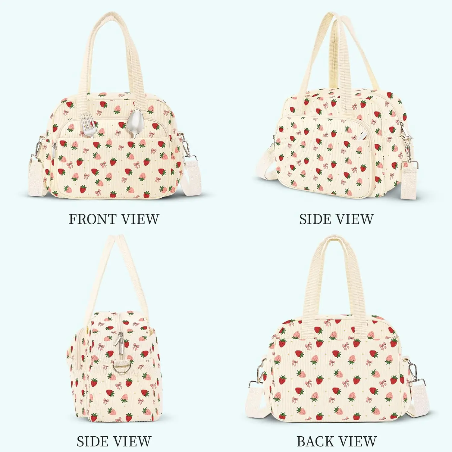 Insulated strawberry Corduroy Lunch Tote Cute Lunch bag with Shoulder Strap, Multiple Pockets, Adult Teacher Nurse