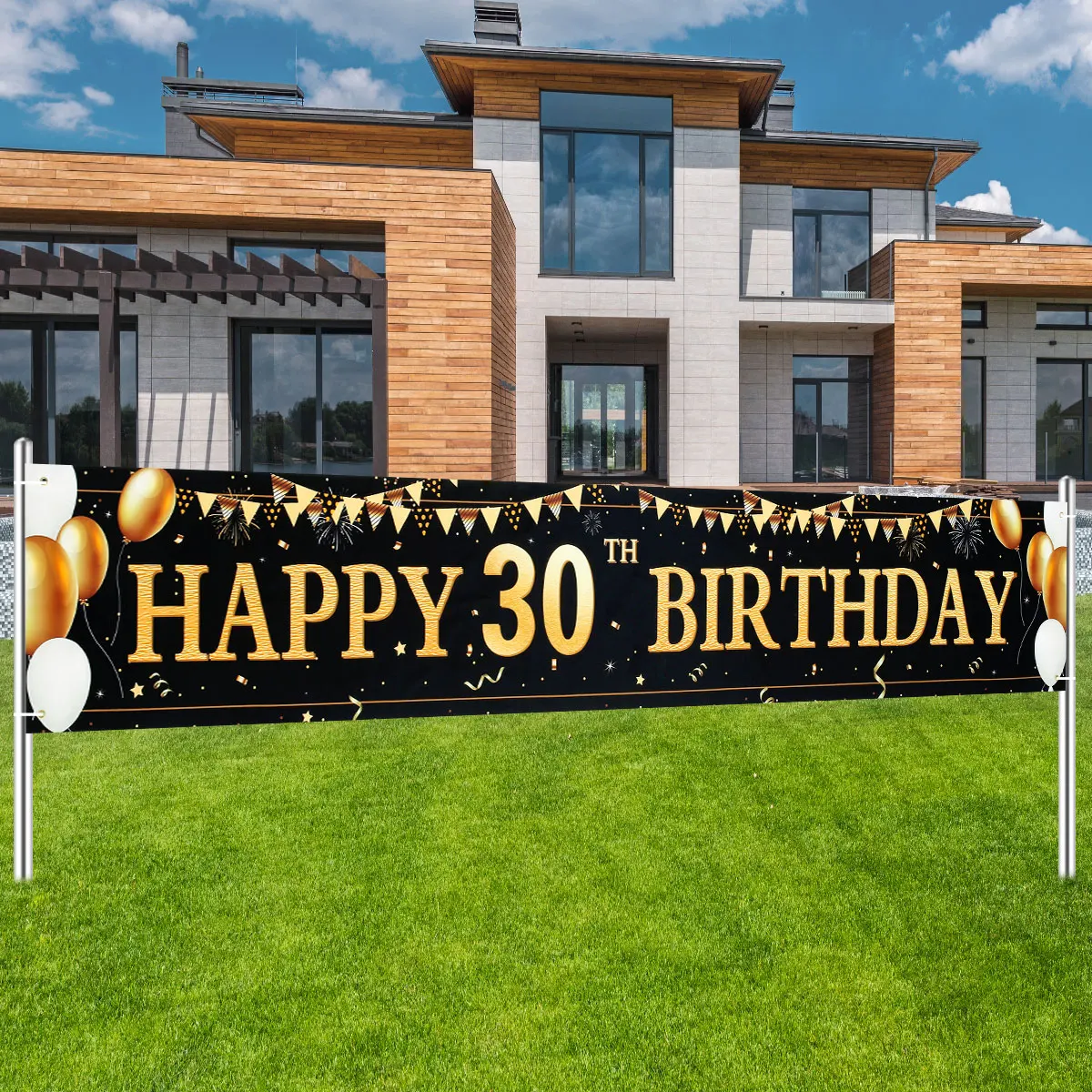 Large Size Black Gold Happy Birthday Banner 210X50cm Party Decoration 30 40 50 60 70 80 Years Birthday Background Banner Hanging