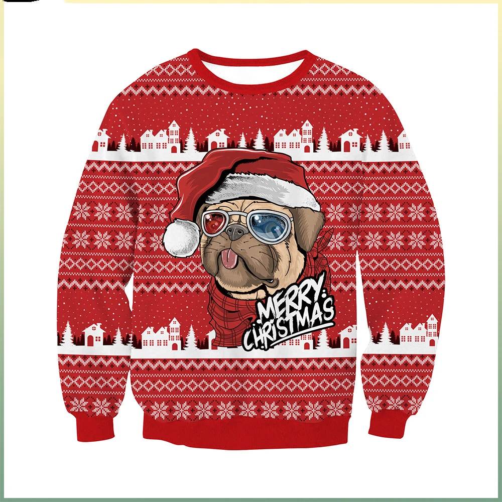 

2025 Spring Christmas New Supply Christmas Animal Puppy Print Round Neck Long Sleeve Sweater