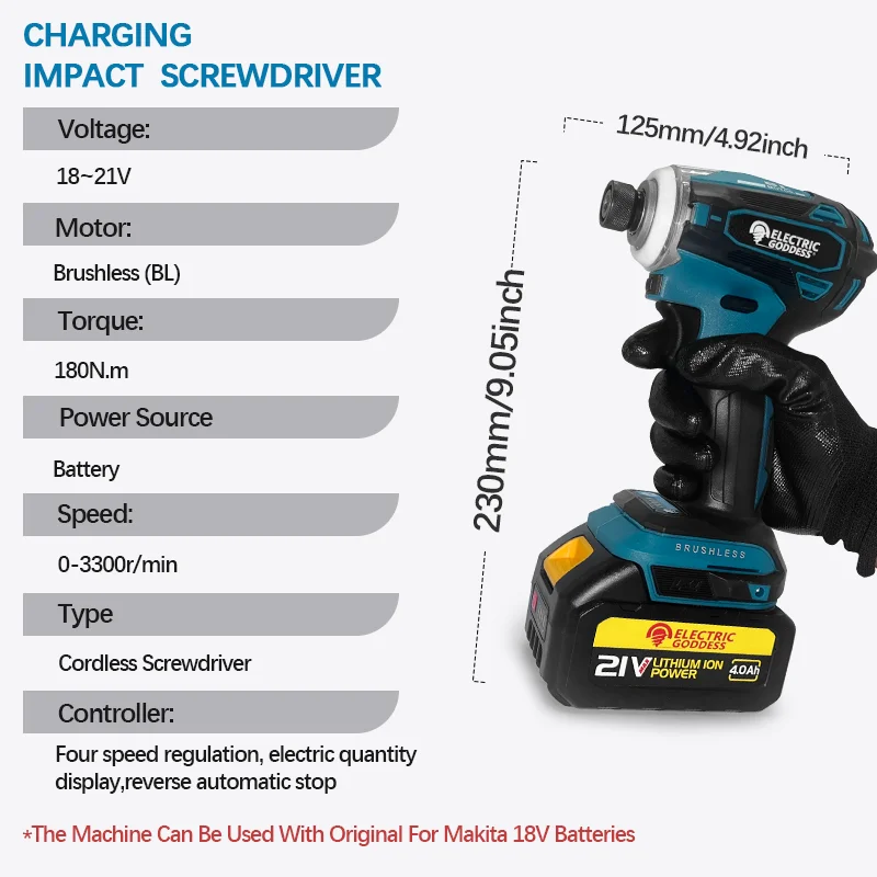 3300RPM Cordless Compact Electric Screwdriver Driver Brushless Motor 4-speed adjustment Power Tool For 18V Makita Battery Pins