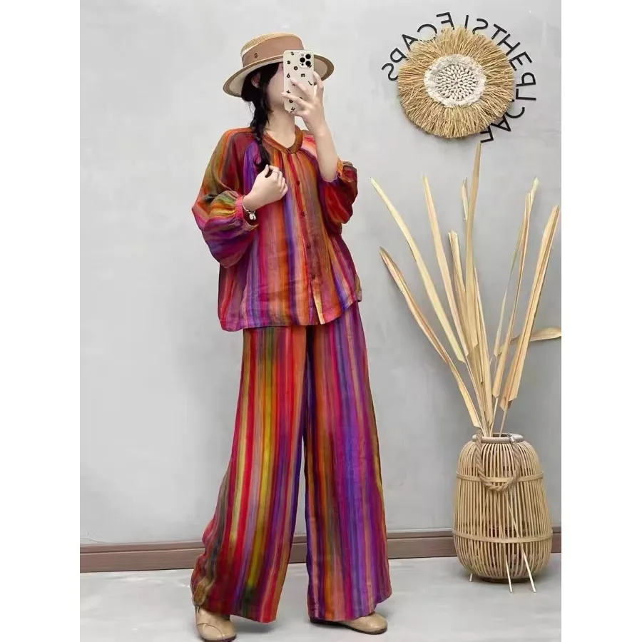 

Ретро-комплект из хлопка и льна с радужными полосками для женщин: модный весенний костюм с воротником-стойкой, повседневные широкие брюки, комплект из двух предметов