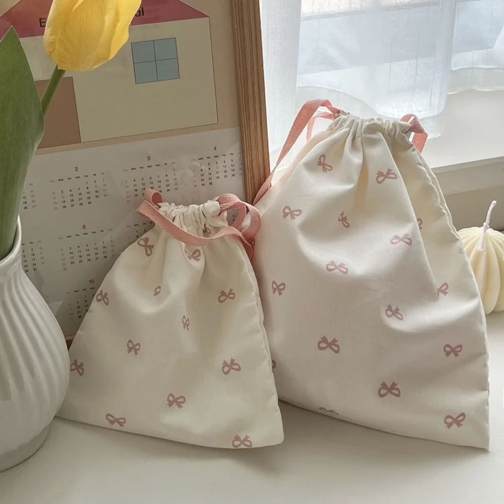 Casual Canvas Bundle Pocket Portable Bow Printed Drawstring Hanging Bag Large White Cotton Pouch Women