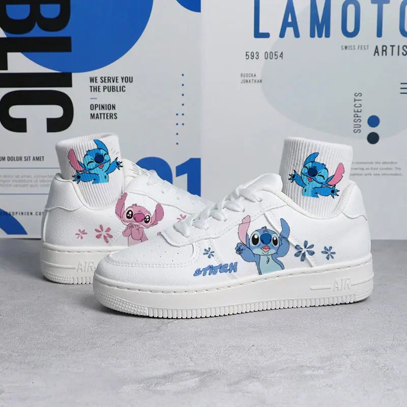 Disney-Zapatillas deportivas con estampado de Lilo & Stitch para niños, zapatos de tenis blancos para parejas, zapatillas de Mickey de dibujos