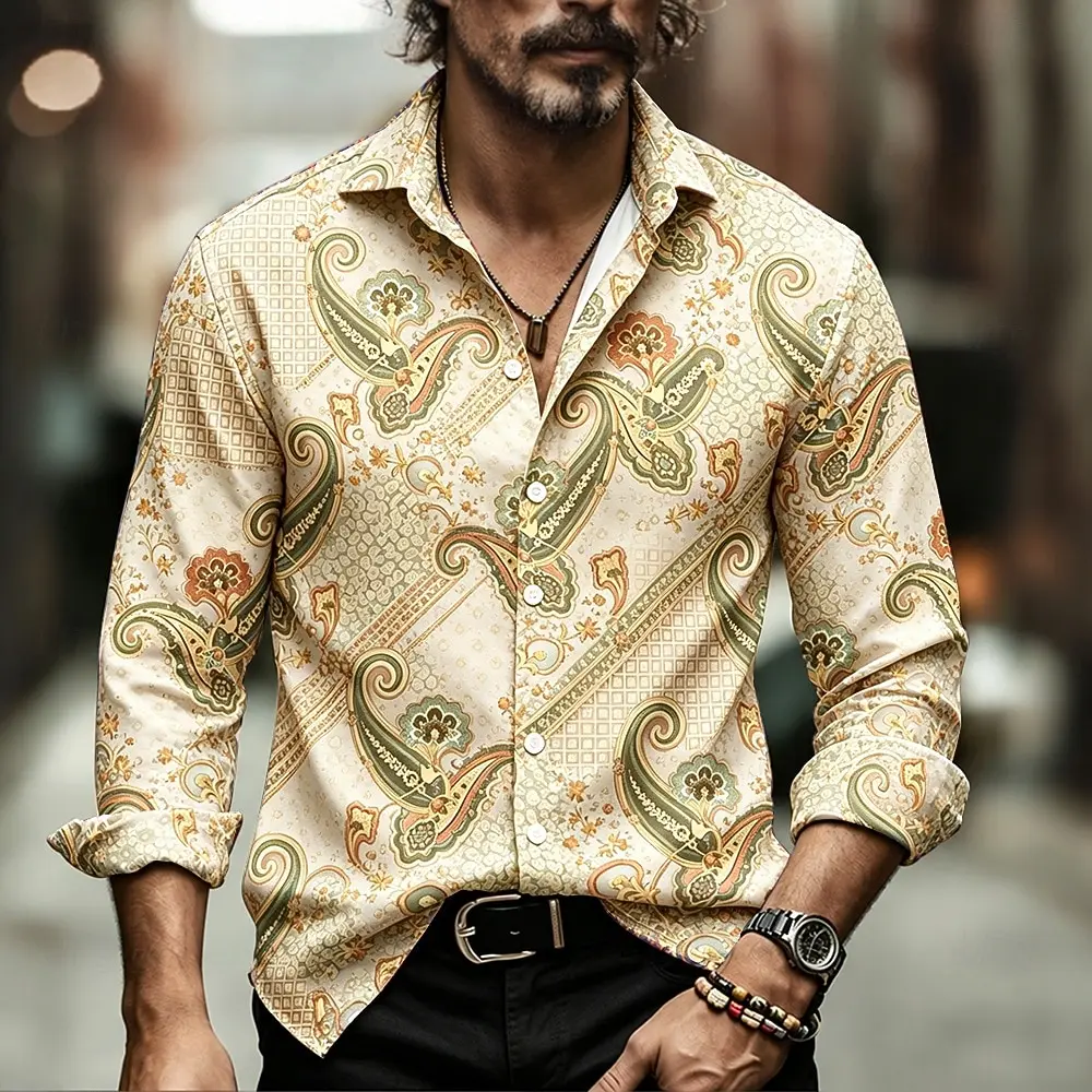Men's Long Sleeve Lapel Shirt, Vintage Paisley Floral Print Blouse, Ethnic Casual Vacation Top