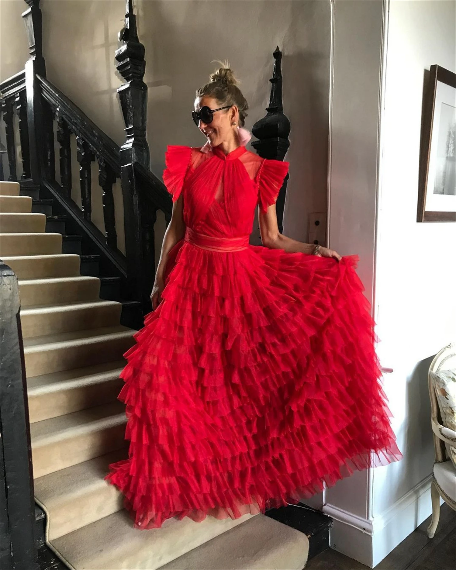 Red Evening Dresses Woman Elegant Party Dresses for Women customized Wedding Reunion Layered Gala Dress Es Mesh Ball Gowns Prom